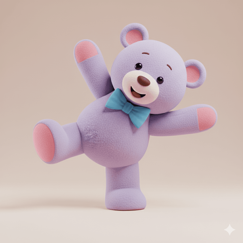 Teddy bear held up, left side of composition.