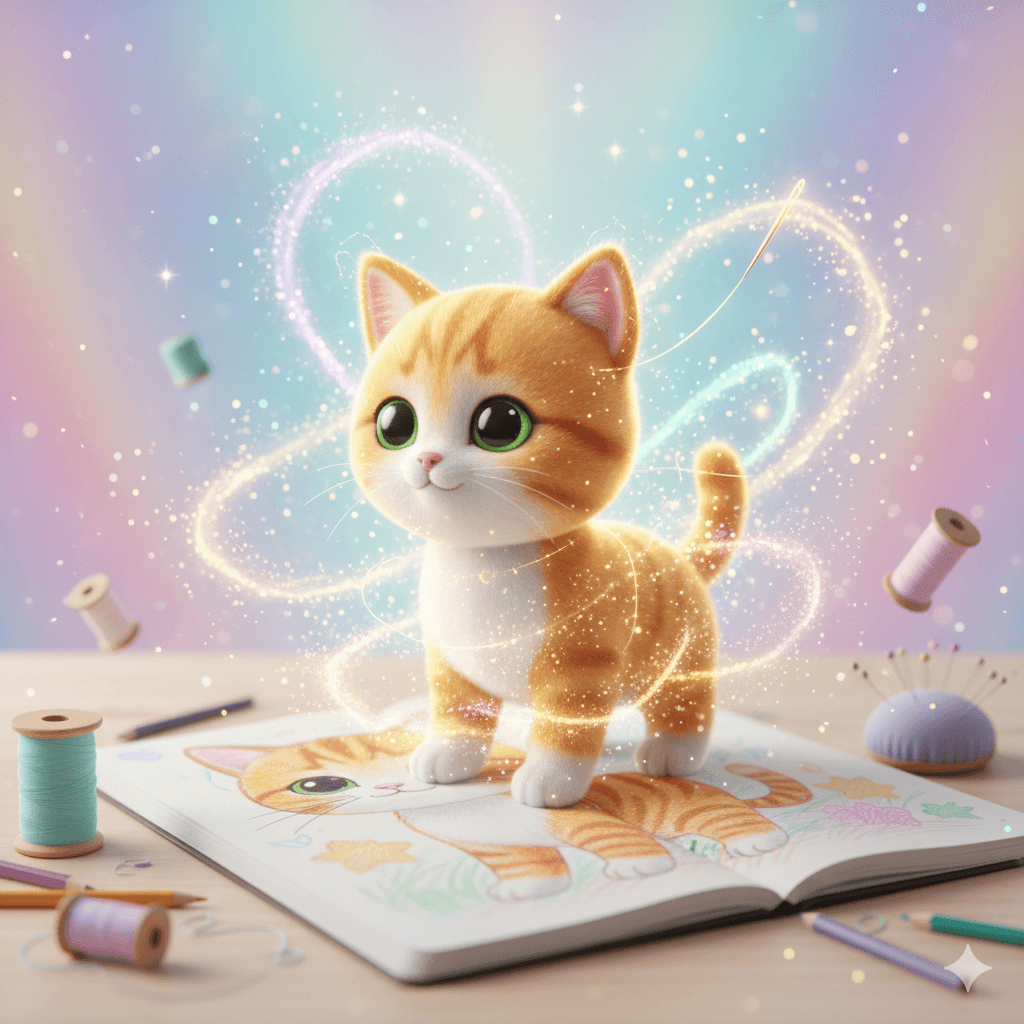 A child's drawing next to a finished plush toy.