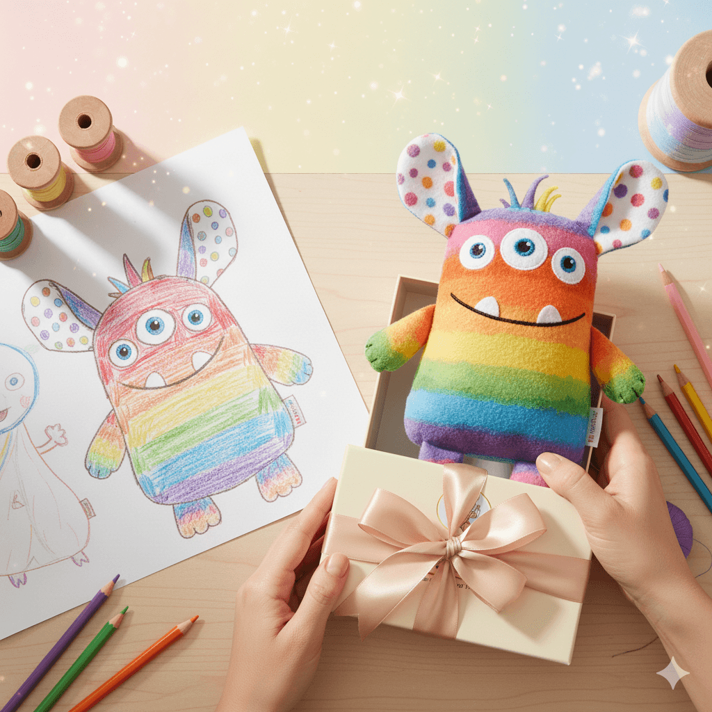 A person wrapping a gift box containing a plush toy.