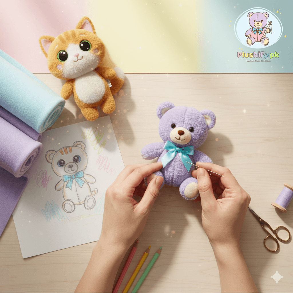 Hands carefully crafting a plush toy, showing the artisanal process.